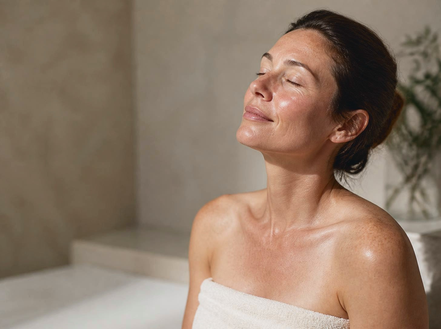 A woman with glowing skin relaxing in soft daylight, wrapped in a towel