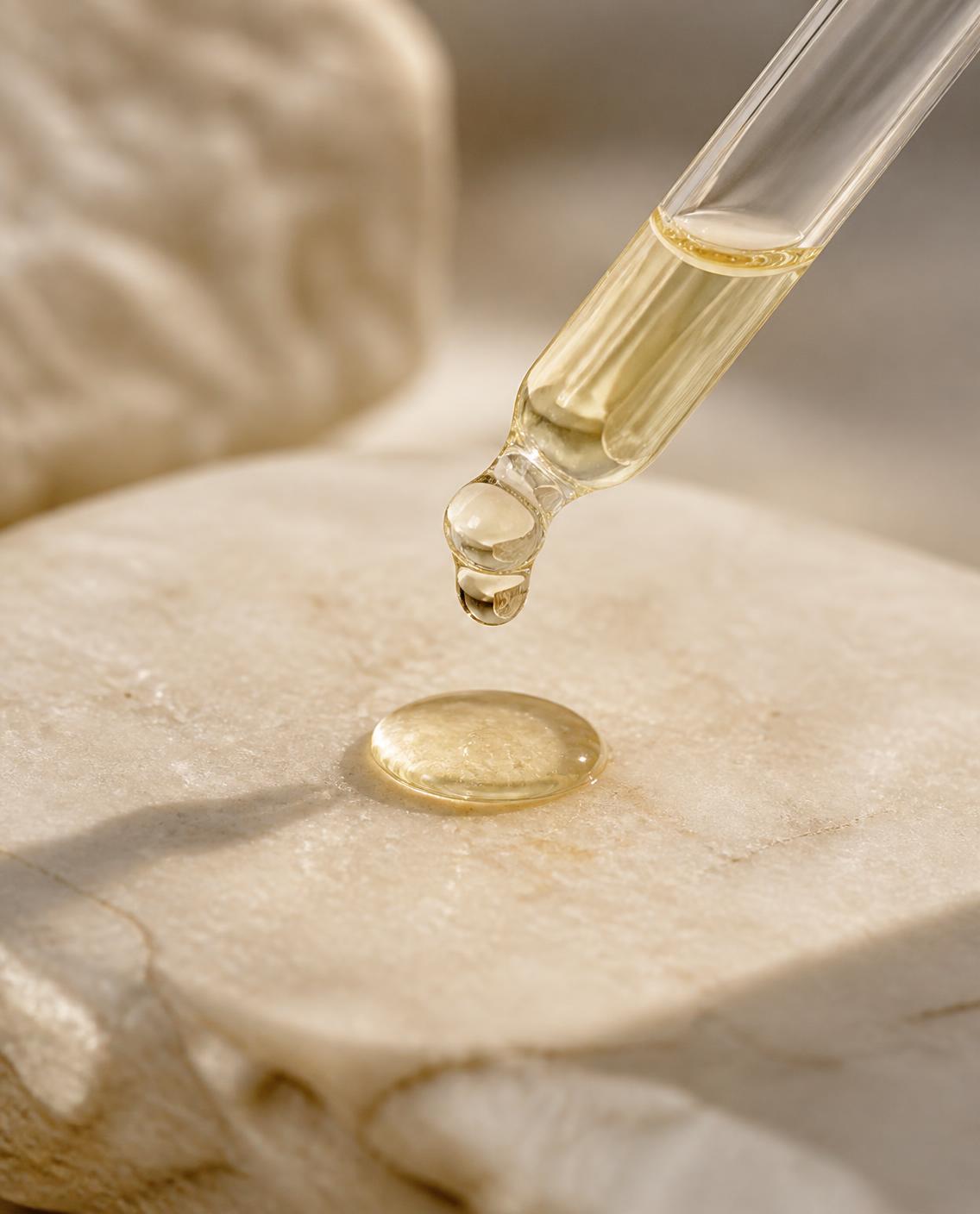 A glass dropper releasing a drop of vitamin C serum onto stone