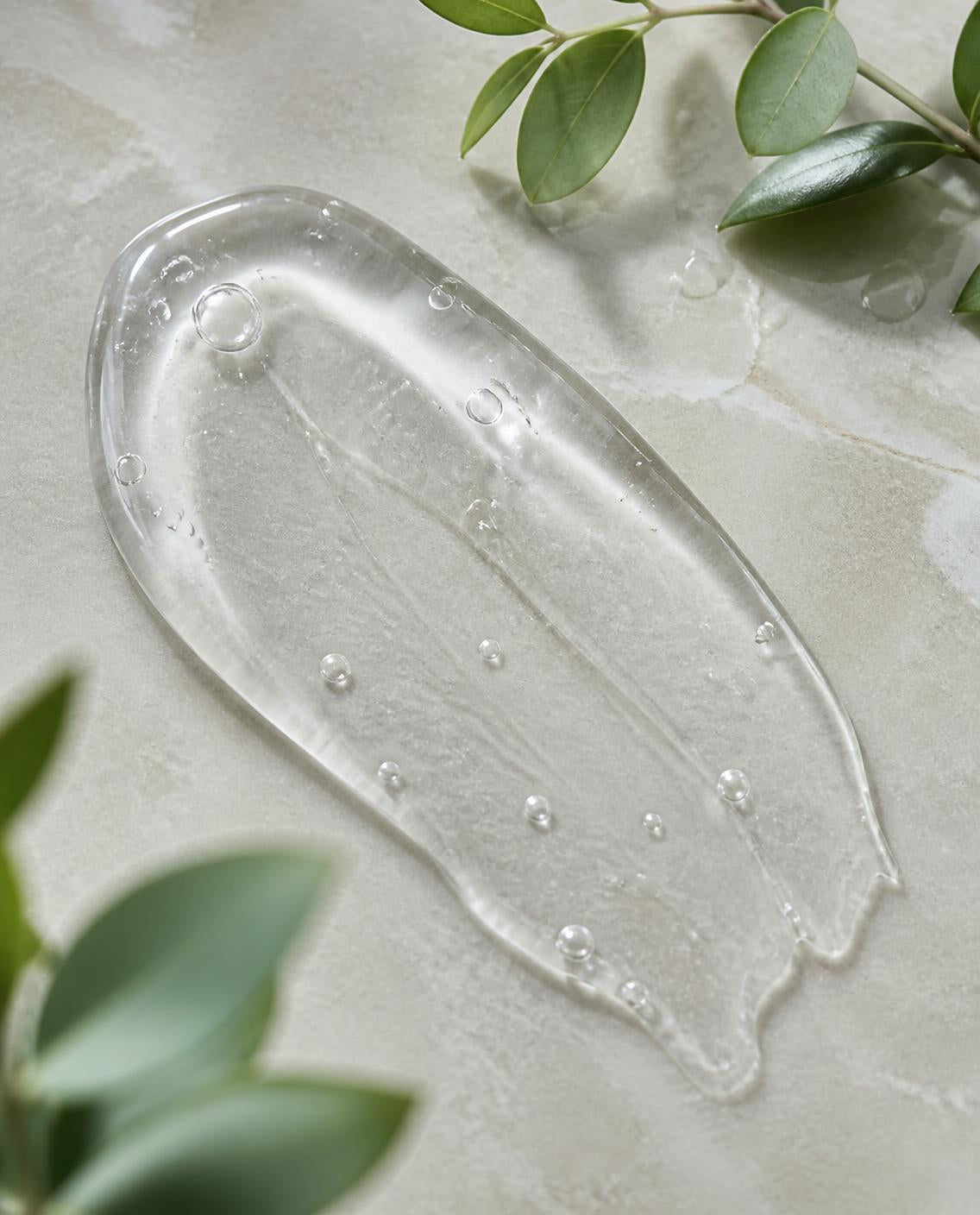 A clear hyaluronic hydrating gel on pale stone with green leaves